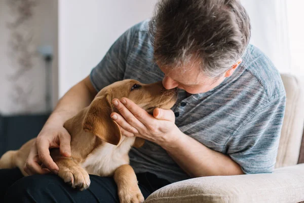 Young Man Hugging His Labrador Retriever Puppy Concept Friendship Dog — Stok fotoğraf