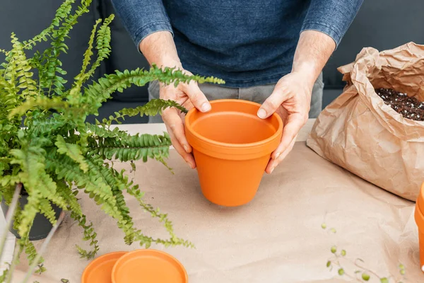 Man Holds Terracotta Clay Pot His Hands Transplanting Houseplants Landscaping — Stock Fotó