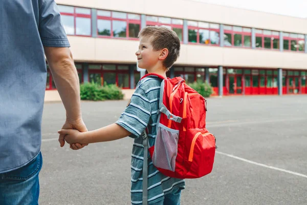 School Concept Dad Walks His Son Backpack His Back School — 스톡 사진