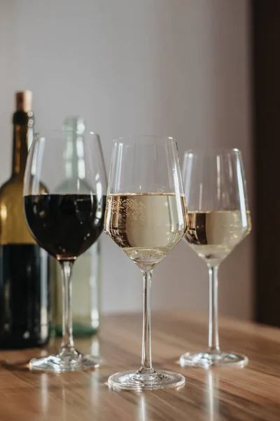 Three Glasses Red White Wine Table Next Bottle Wine House — 스톡 사진
