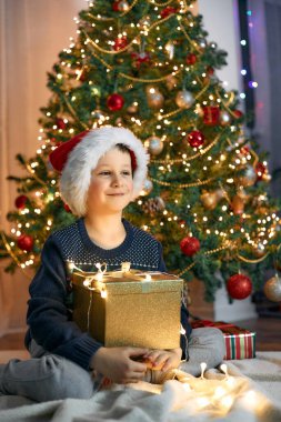 Noel Baba şapkalı şirin bir çocuk elinde hediye kutusu ve çelenklerle ışıklarla süslenmiş bir Noel ağacının yanında oturuyor..