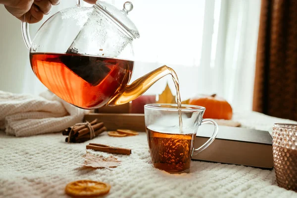 Уютная Домашняя Осенняя Атмосфера Крупный План Рук Наливающих Горячий Чай — стоковое фото