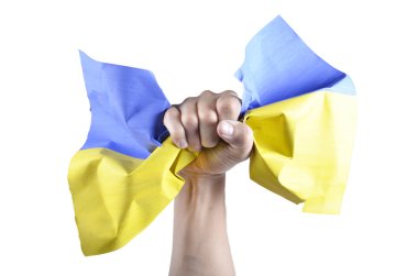 Hand grasps the Ukrainian flag clipart