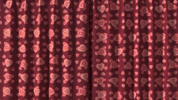 Red Curtain with hearts opening in high definition with alpha mask. Useful for presentations. — Stock Video