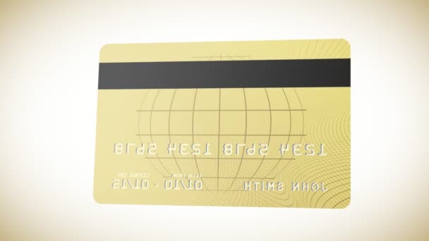 Gold credit card in HD showing both sides and flying around the gold planet Earth. Part with planet is loopable. — Stock Video