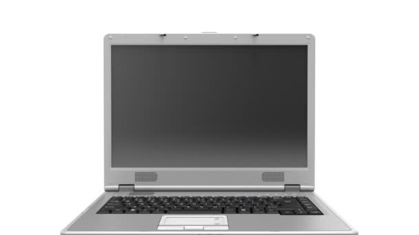 vyčistit laptop animace hd, laptop na bílé a otevření šablony bílá obrazovka video zahrnuje alfa maskou pro laptop a masku pro obrazovku.
