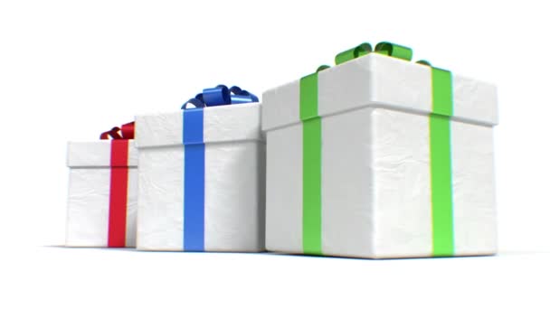 De nombreux cadeaux de différentes couleurs tombant sur le sol blanc .