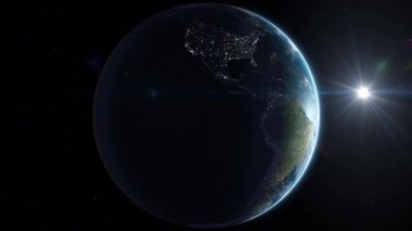 Güzel Dünya Dönüşü 360 Derece Güneş Fişekleri Kusursuz. Gezegenin Tam Dönüşü, Karanlık Kentler ve Bulutlu Aydınlık Taraflar. Yeni bir gün. Döngülü 3D animasyon. 4k UHD 3840x2160