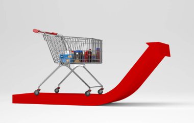 Artan enflasyonlu alışveriş arabası - 3 boyutlu illüstrasyon