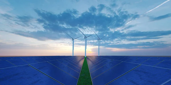 Turbina Wiatrowa Energia Słoneczna Otwartym Krajobrazie Illustratio — Zdjęcie stockowe