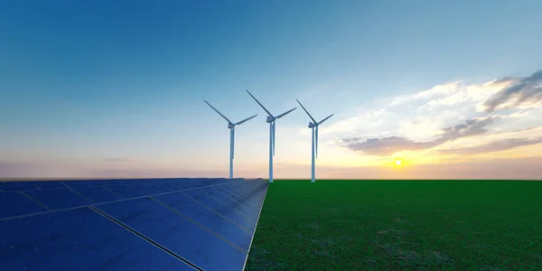 Вітроенергетичні Турбіни Сонячна Енергія Відкритому Ландшафті Illustratio — стокове фото