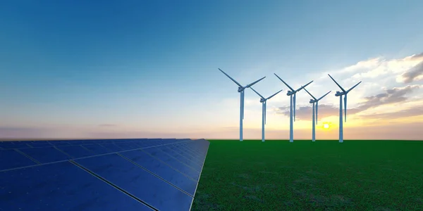 Вітроенергетичні Турбіни Сонячна Енергія Відкритому Ландшафті Illustratio — стокове фото