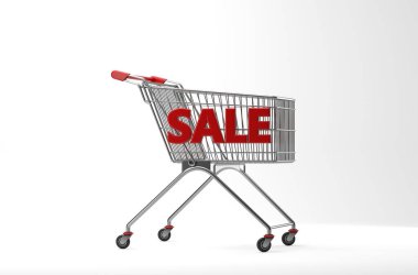 Alışveriş arabasının önündeki yüzde satış sembolü - 3D Görüntü