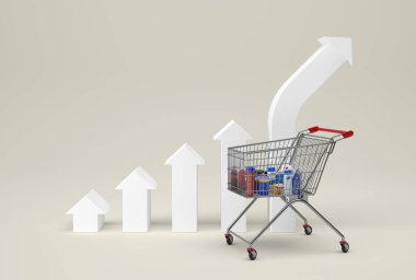 Artan enflasyonlu alışveriş arabası - 3 boyutlu illüstrasyon