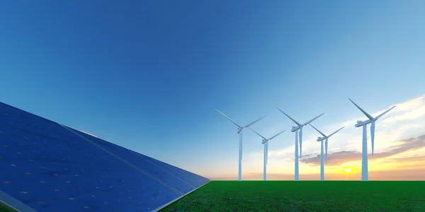 Вітроенергетичні Турбіни Сонячна Енергія Відкритому Ландшафті Illustration — стокове фото