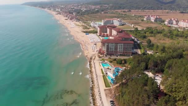 Imágenes Aéreas Hermosa Pequeña Ciudad Balneario Obzor Bulgaria Mostrando Los — Vídeo de stock