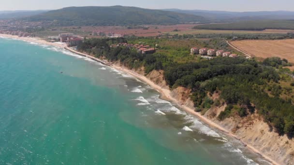 Zdjęcia Lotnicze Pięknego Miasteczka Nadmorskiego Kurortu Obzor Bułgarii Przedstawiające Rybacką — Wideo stockowe