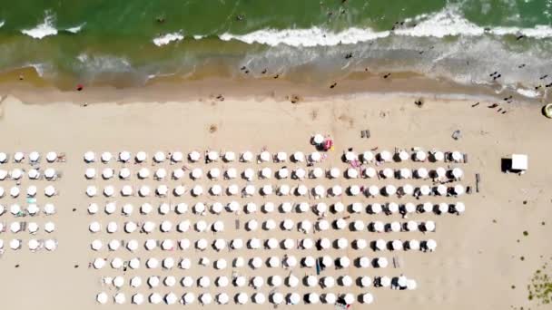ブルガリアのObzorとして知られる小さな町や海辺のリゾートの美しいビーチの空中映像のトップダウンサンベッド パラソル ビーチでリラックスして海で泳ぐ人々 — ストック動画