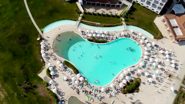 プールでリラックスした人々とプールの周りの日光浴 明るい晴れた日にドローンで撮影した忙しいホテルのスイミングプールの空中トップダウンビュー — ストック動画