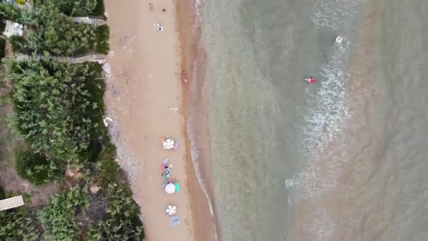 コルフのセント ジョージ サウスの村の空中からの真上の景色は 夏の時間にアヒオス ジョージア ビーチでリラックスして日光浴をする休日のメーカーと美しい海を示しています — ストック動画