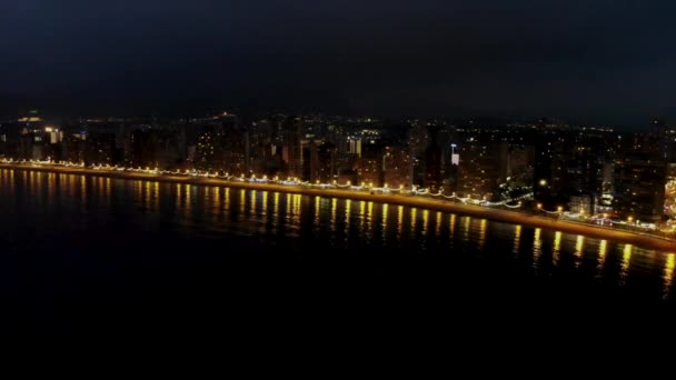 Aerial Night Time Footage Spanish Town Benidorm Showing Bright Lights — Stockvideo