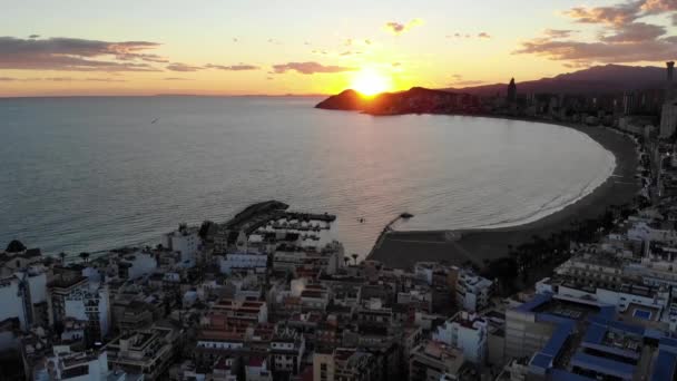 Sunset Night Time Aerial Footage Benidorm Showing Beaches Hotels Building — Wideo stockowe