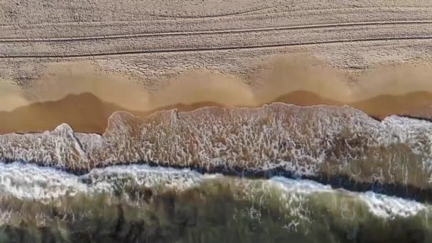 Aerial Footage Overlooking Beautiful Clear Water Ocean Showing Tyre Tracks — Stok video