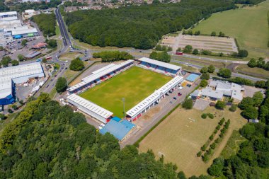 Aerial photo of the Stevenage Football Club a professional association football club based in the town of Stevenage, Hertfordshire, England on a sunny summers day
