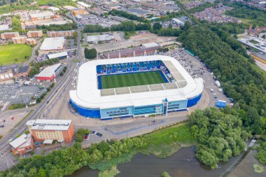 Aerial photo of the King Power Soccer Football Stadium located in the town of Leicester in the UK taken on a sunny summers day
