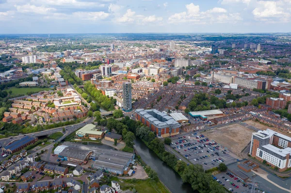 Aerial Photo City Centre Leicester Showing Houses Apartment Building Sunny — Stock Fotó