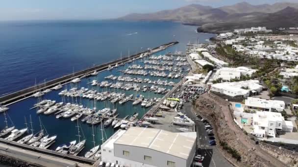 Aerial Footage Beautiful Boats Boat Harbour Marina Pier Taken Lanzarote — стоковое видео