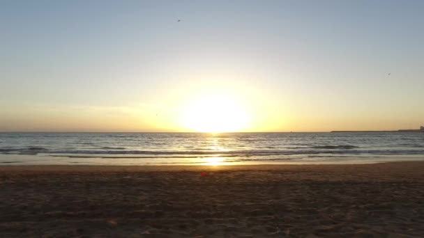 Beautiful Sunset Golden Sandy Beach City Agadir Morocco Showing Waves — Stockvideo