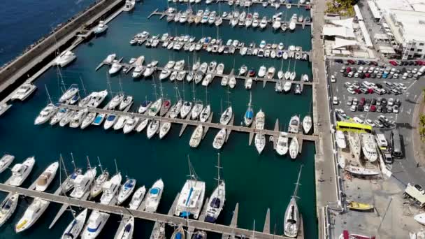 Aerial Footage Beautiful Boats Boat Harbour Marina Pier Taken Lanzarote — Stockvideo