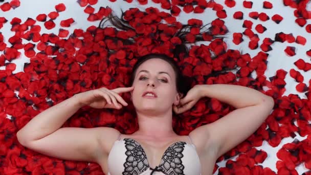 Привлекательная Женщина Лежащая Полу Выглядит Счастливой Сексуальной Расслабленной Красными Лепестками — стоковое видео