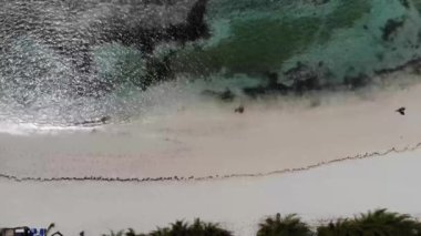 Little Stirrup Cay Bahamas 'daki güzel tropikal plajın hava görüntüleri Nassau' daki Berry Adaları 'nda kumlu sahili ve sahilde yürüyen bir erkeği gösteriyor..