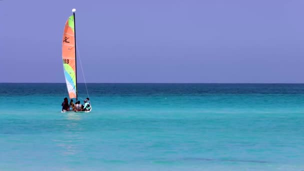 キューバのバラデロにあるキューバビーチの美しいビーチフロントは 夏の晴れた夏の日に8Kビデオ品質で撮影された澄んだ青い海でカタマランの帆船を示しています — ストック動画