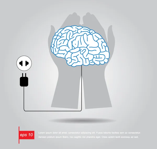 Mano mantener el cerebro conectado con toma de corriente - vector illustr — Vector de stock