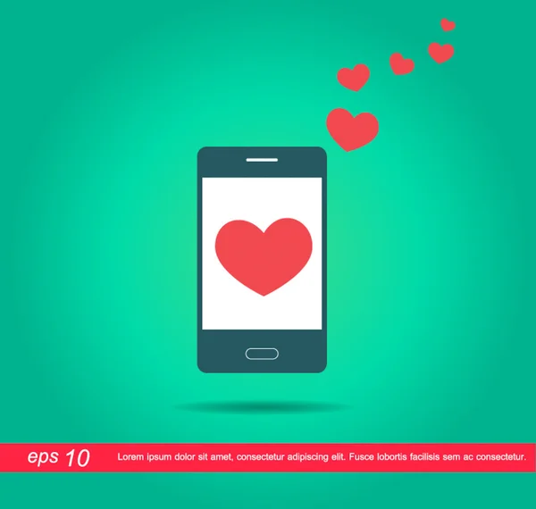 Corazón rojo en el icono del vector del teléfono móvil — Vector de stock