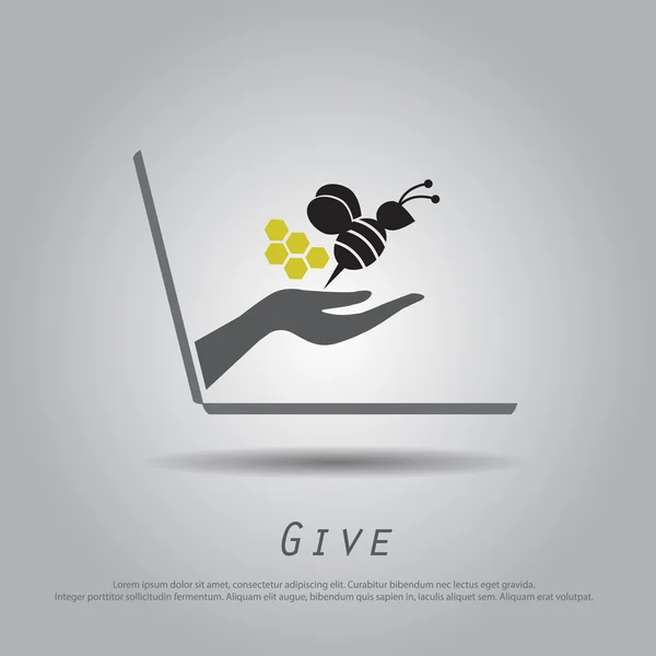 लैपटॉप वेक्टर आइकन से हाथ पकड़ें मधुमक्खी — स्टॉक वेक्टर