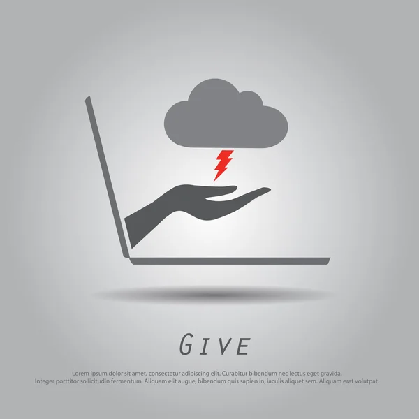 Hand hold  cloud and thunder  from laptop vector icon — Stock Vector