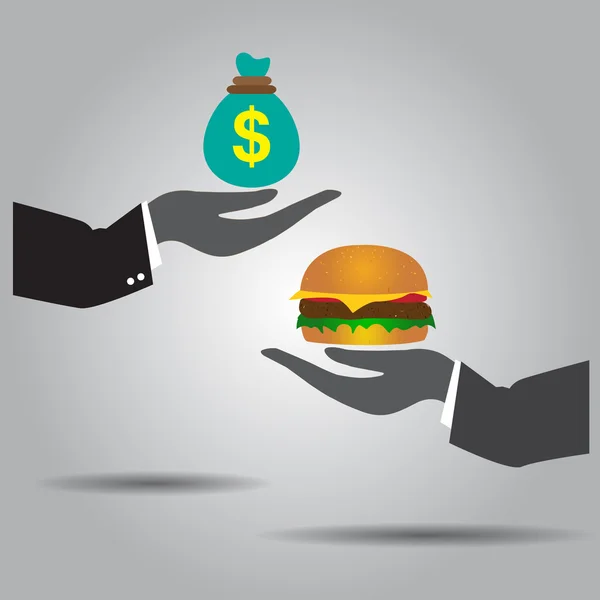 Mão trocando dinheiro e ícone vetor hambúrguer — Vetor de Stock