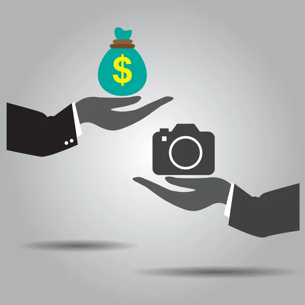 Mão trocando dinheiro e ícone do vetor da câmera — Vetor de Stock