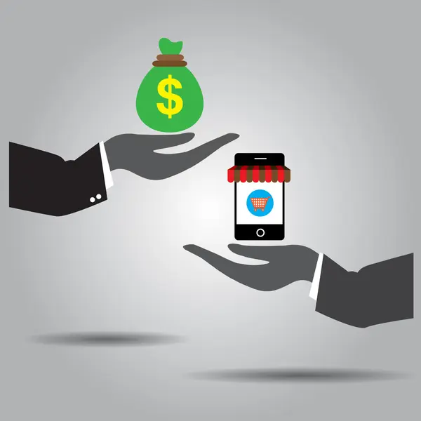 Échange de main argent et téléphone achats icône vectorielle en ligne — Image vectorielle