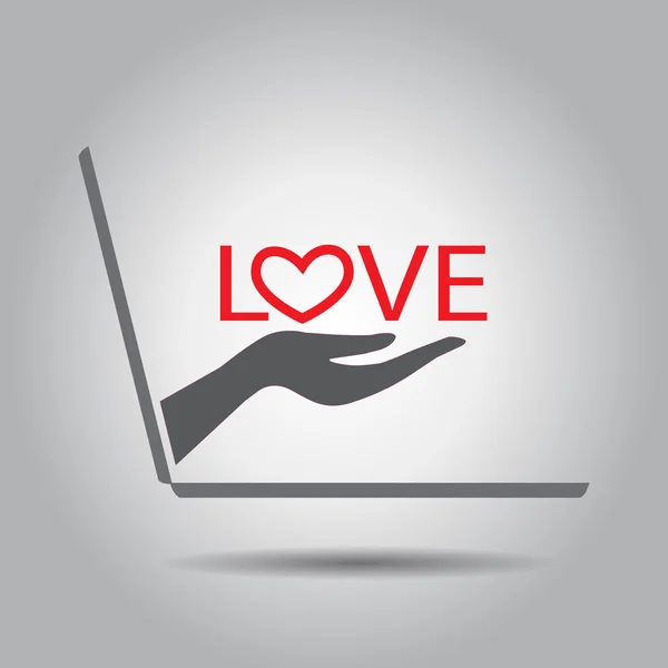 Hand houden liefde geschenk van laptop vector pictogram — Stockvector