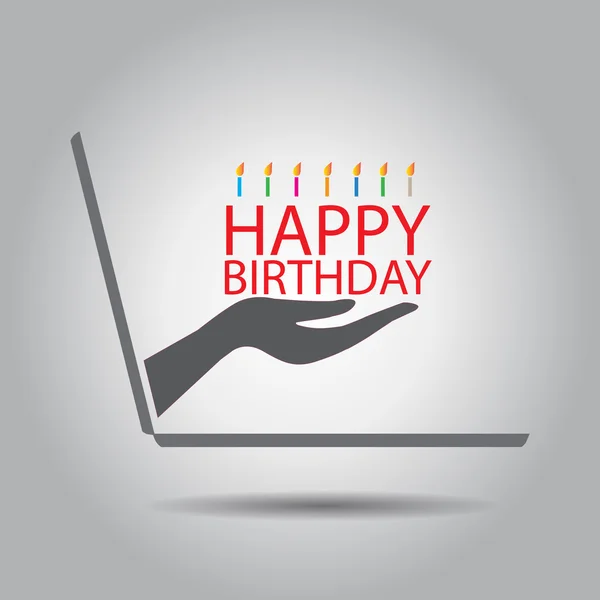 Main tenir gâteau joyeux anniversaire de l'icône vectorielle ordinateur portable — Image vectorielle