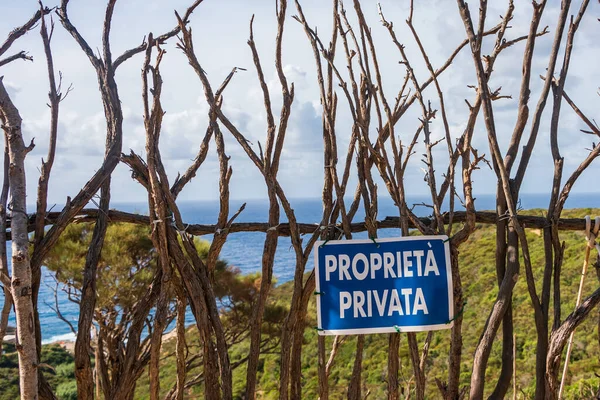 A wooden fence built of dry branches against the background of a green hill and blue sea. On the fence a blue sign with the Italian text \
