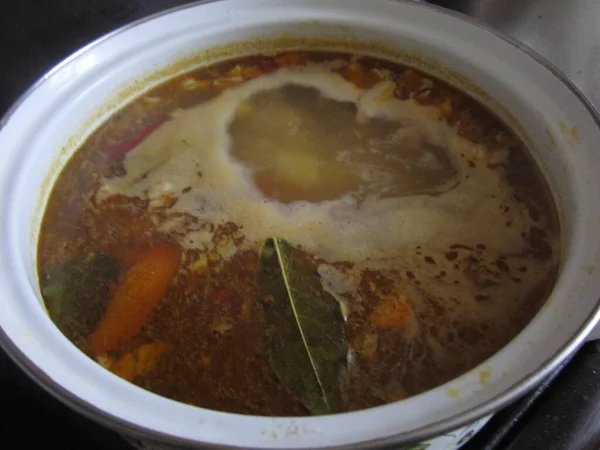 Cooking Vegetable Soup White Enamel Saucepan — Stock Photo, Image