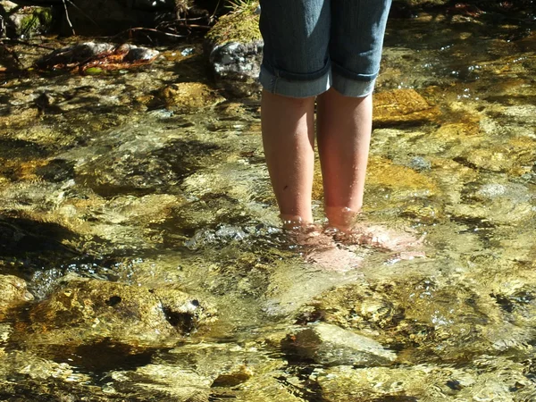 Bare feet girls surfing in the river Stock Picture