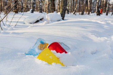 Çok renkli kahve fincanları, plastik bir şişe ve kış ormanında kardan çıkmış cam bir kavanoz. Ev atıkları çevre kirliliği kavramı
