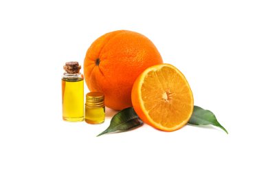 Citrus essential oil with orange on a white background. Isolated. Oil for spa treatments.